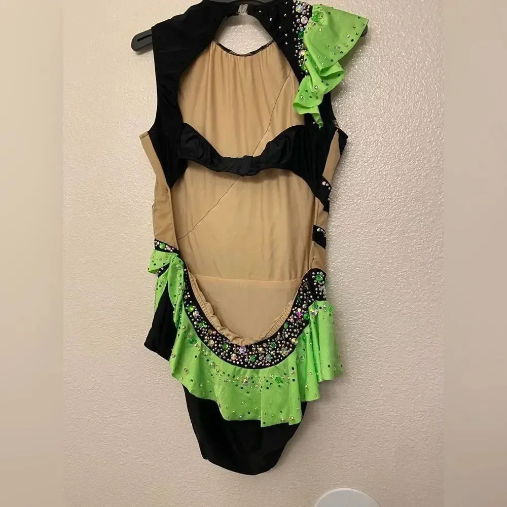 Glamour Dance Costume Lime Green Black Rhythmic Gymnastics jazz sassy neon LA
